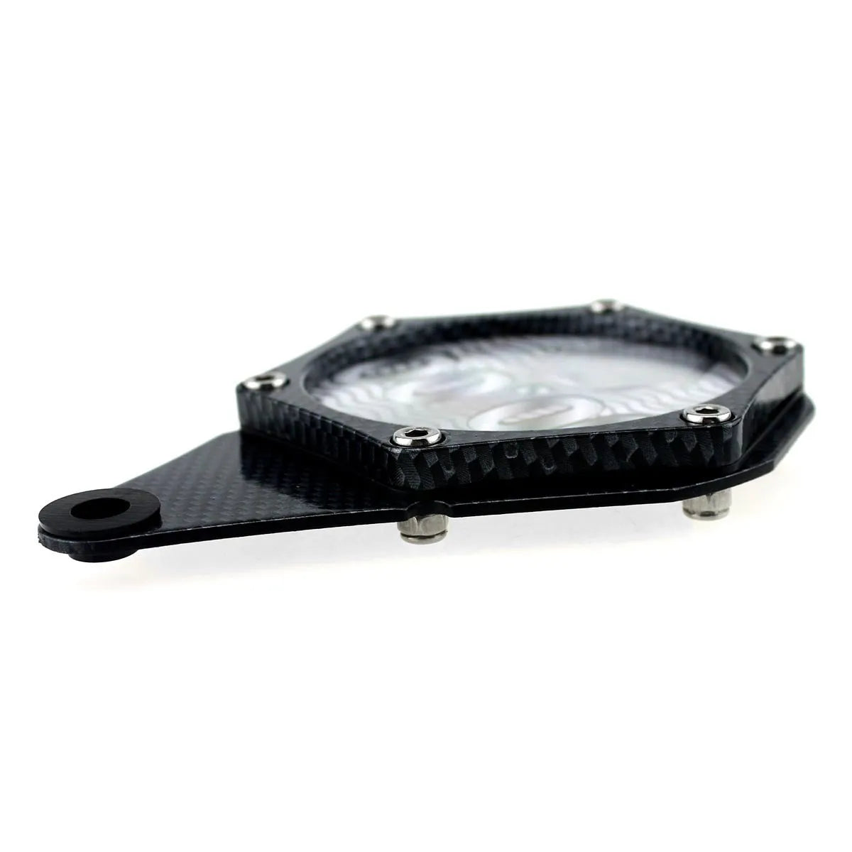 Black carbon fibre pattern metal motorcycle tax disc holder with anti-theft screw