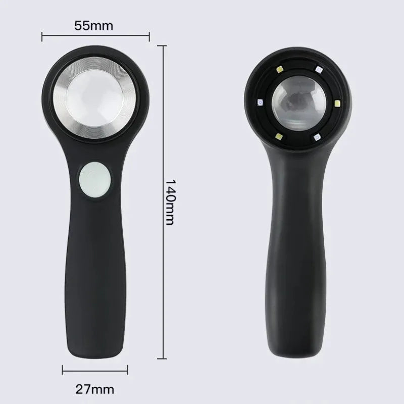 Black or silver 30x optical glass magnifying glass with LED lights for jewellery and collectible appraisal.