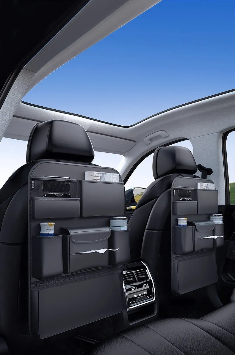 Black leather car seat back hanging storage bag with a handle, shown in large and small sizes for buggy organisation.