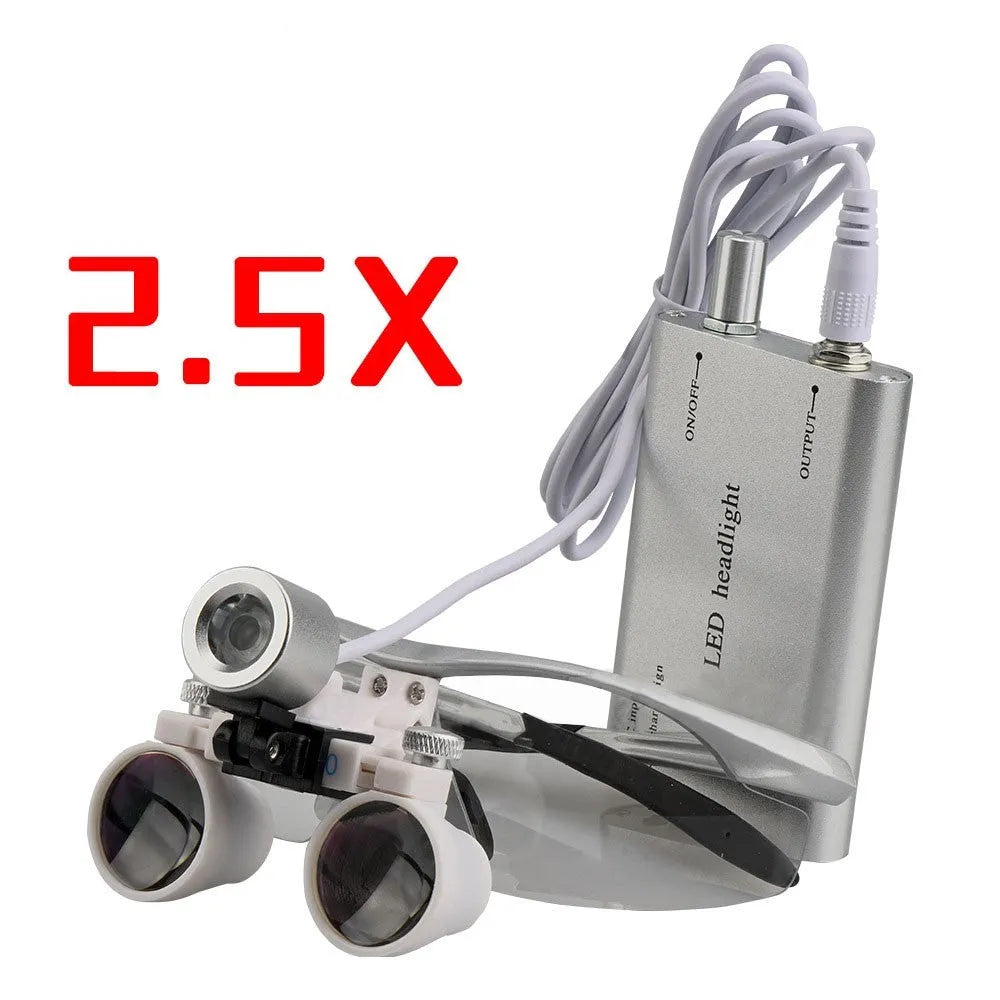 Black head-mounted dental magnifier with LED light showing dual magnification options and portable design