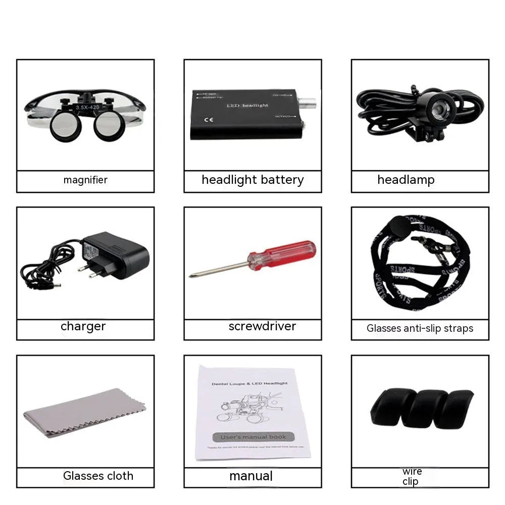 Black head-mounted dental magnifier with LED light showing dual magnification options and portable design