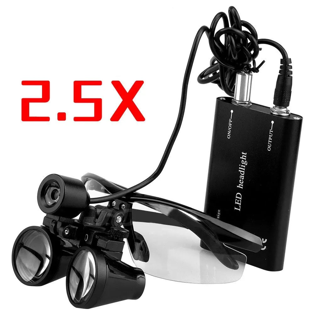 Black head-mounted dental magnifier with LED light showing dual magnification options and portable design