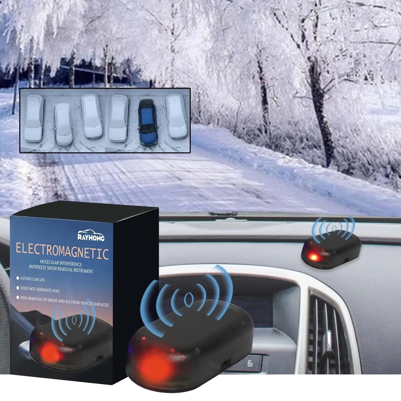 Small black plastic handheld car deicer tool with special glass for melting snow and ice.
