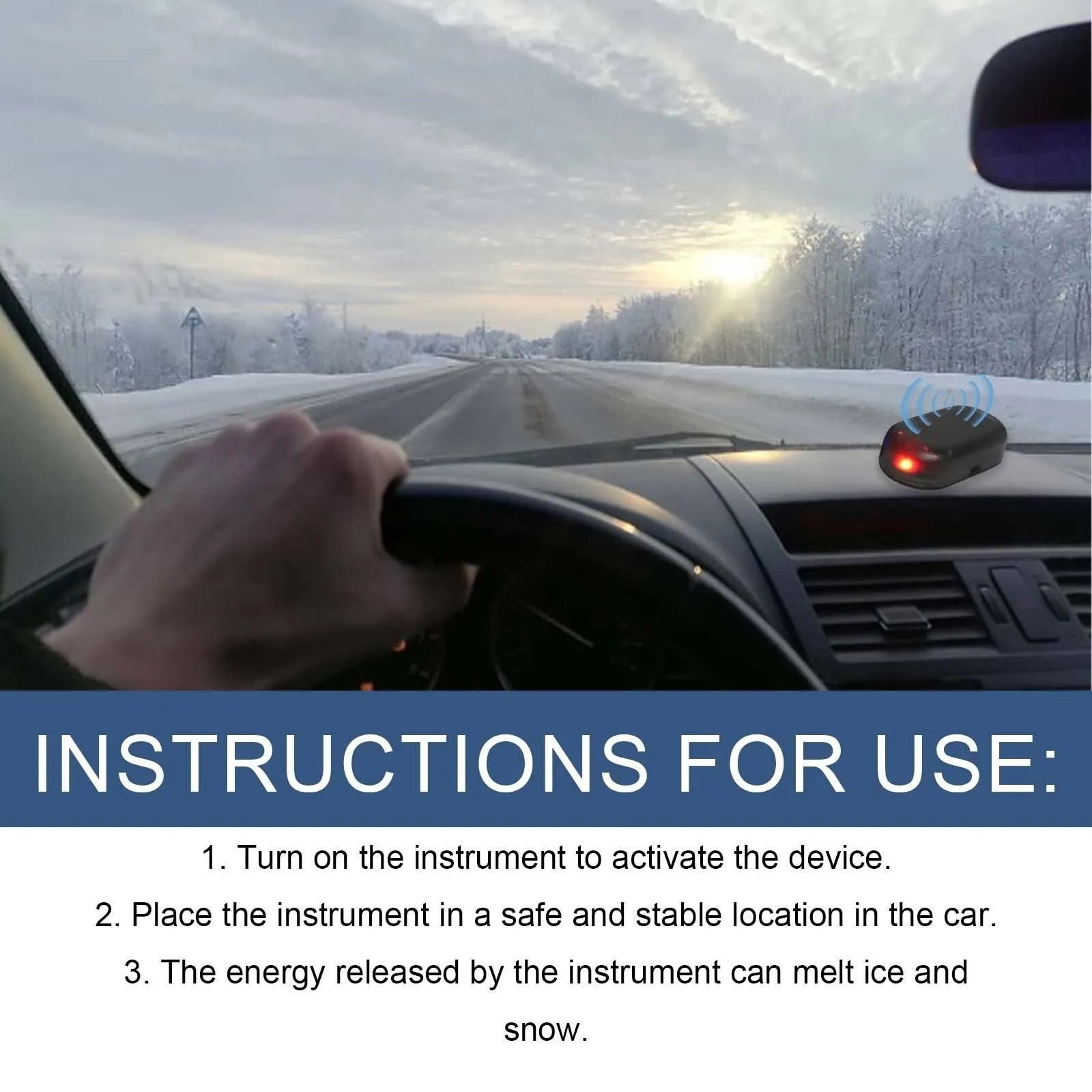 Small black plastic handheld car deicer tool with special glass for melting snow and ice.