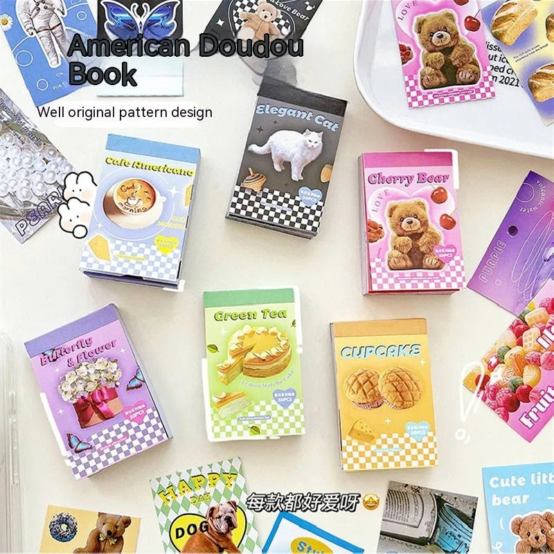 American retro cartoon sticker book open showing 4x6cm sheets in multiple colours.