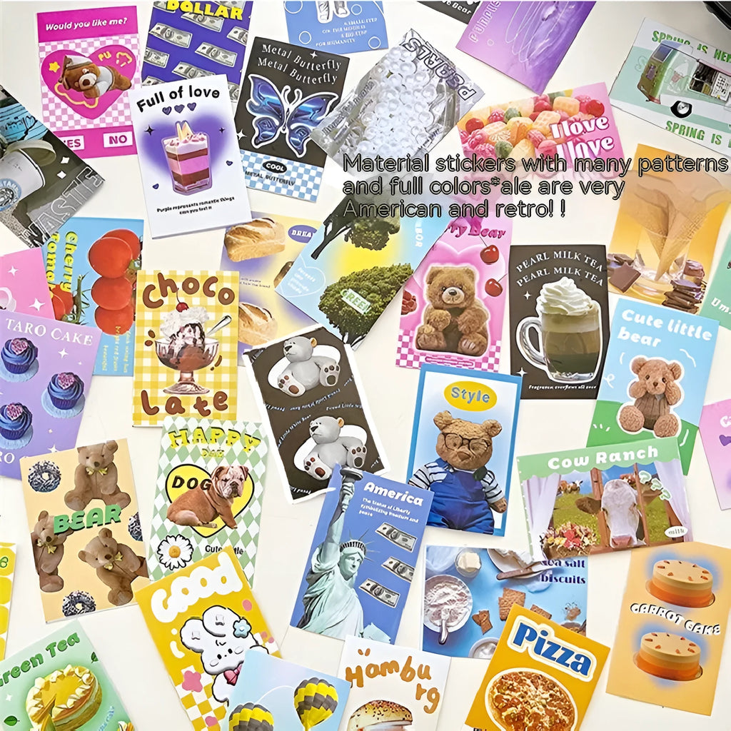 American retro cartoon sticker book open showing 4x6cm sheets in multiple colours.