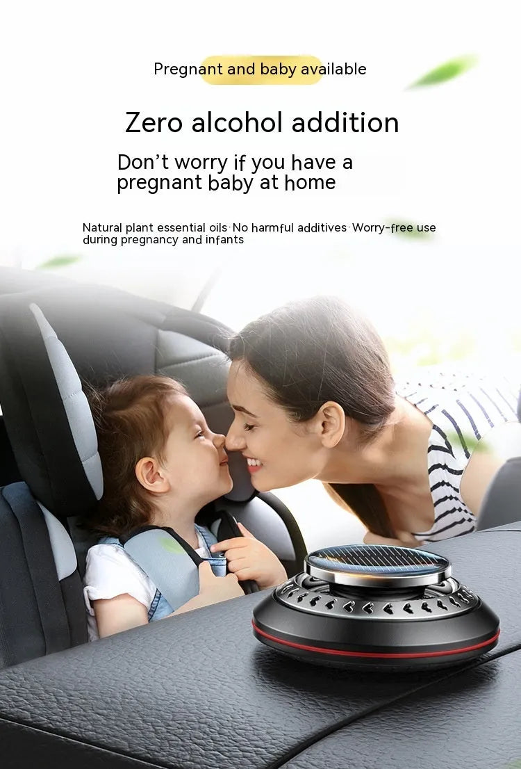 Compact black solar-powered aluminium alloy car air freshener for odour removal on a car dashboard
