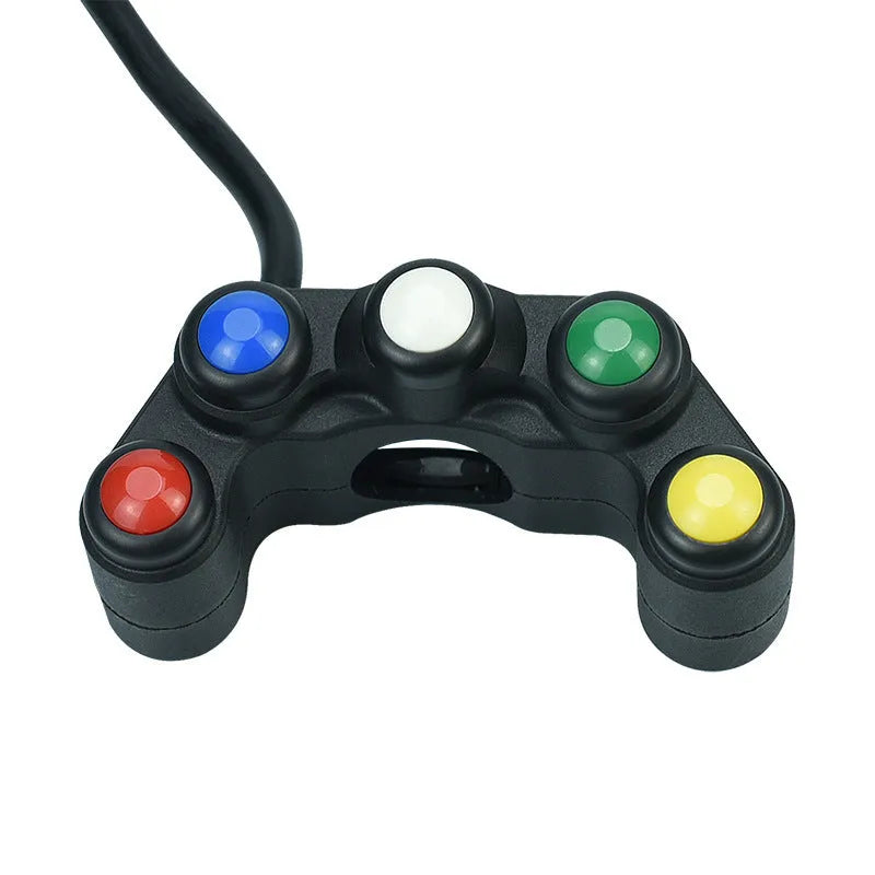 Plastic five-position toggle switch with coloured buttons for motorcycle electrical accessories.