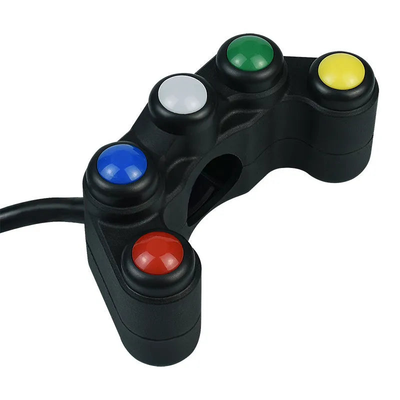 Plastic five-position toggle switch with coloured buttons for motorcycle electrical accessories.