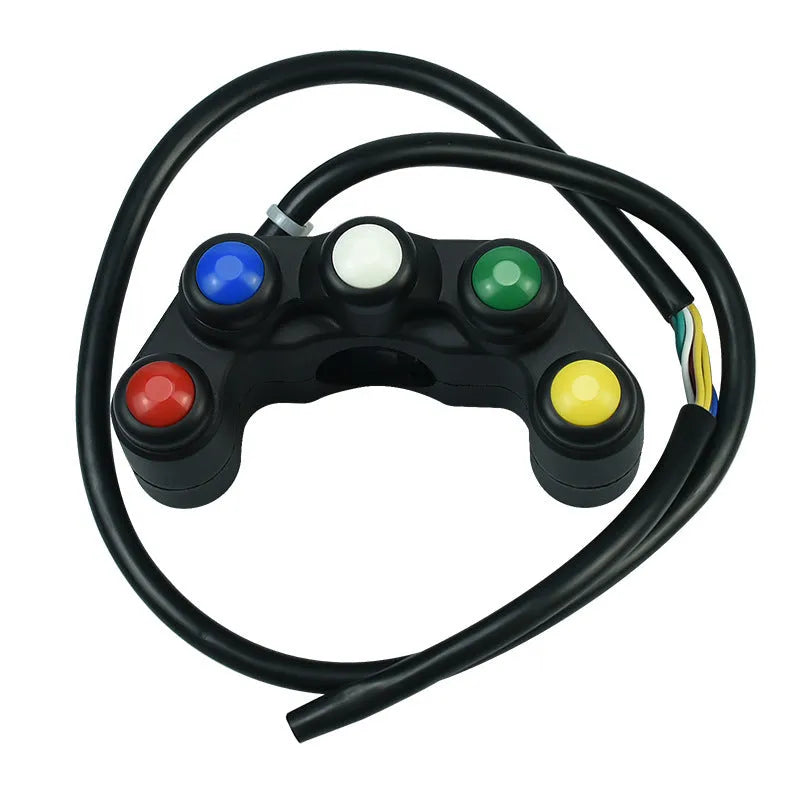 Plastic five-position toggle switch with coloured buttons for motorcycle electrical accessories.