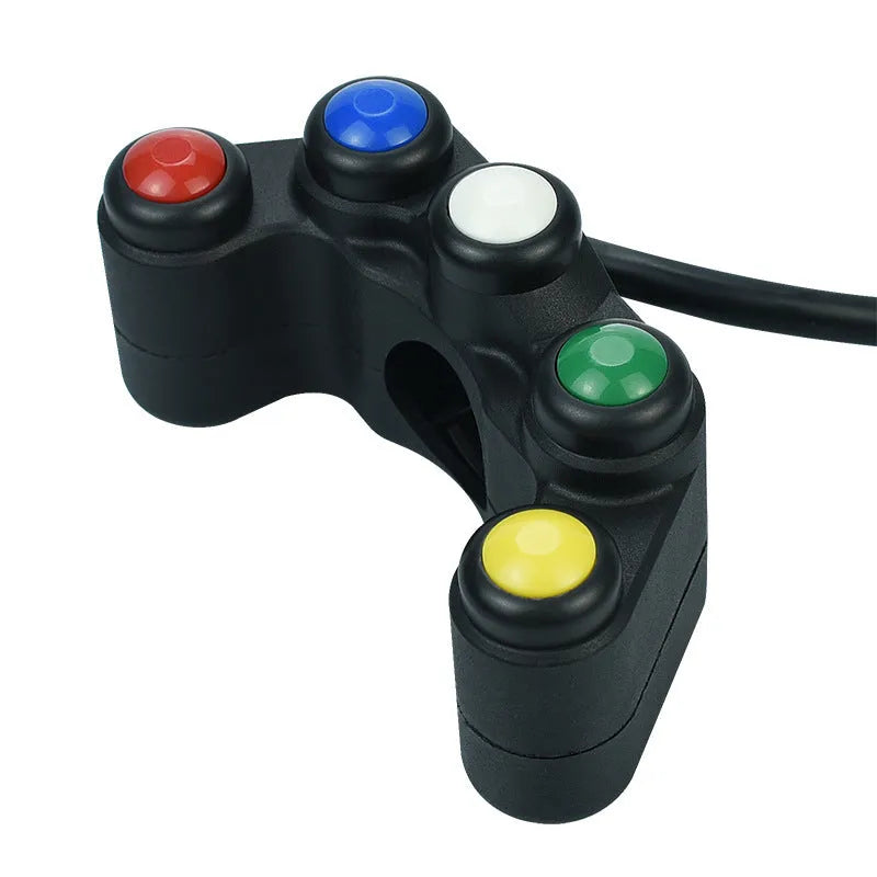 Plastic five-position toggle switch with coloured buttons for motorcycle electrical accessories.