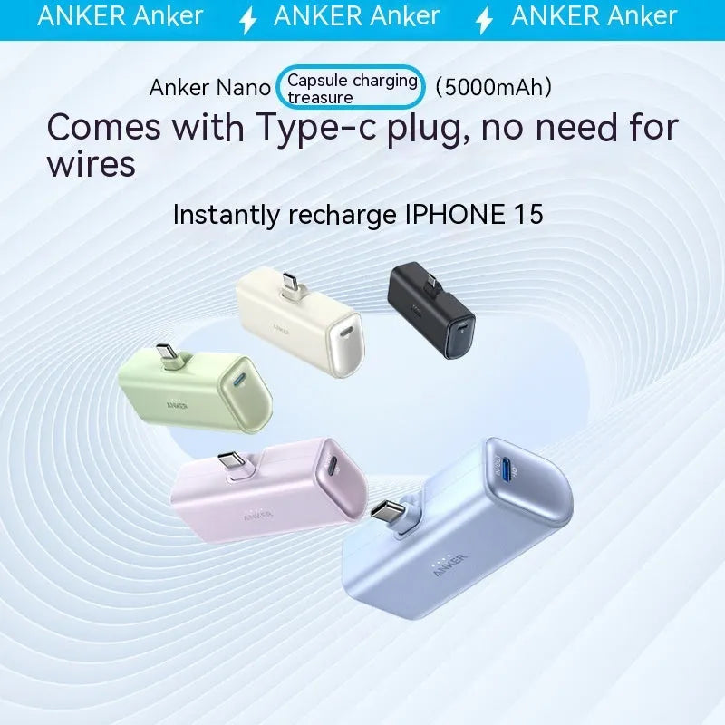 Capsule Power Bank 5000mAh portable charger in five colour options showing compact design