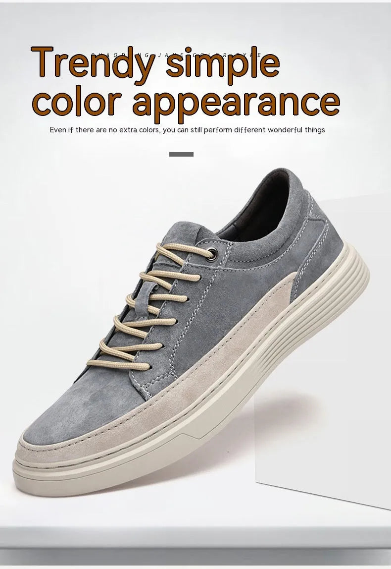 Men's grey casual leather skate shoes with rubber sole and round toe design