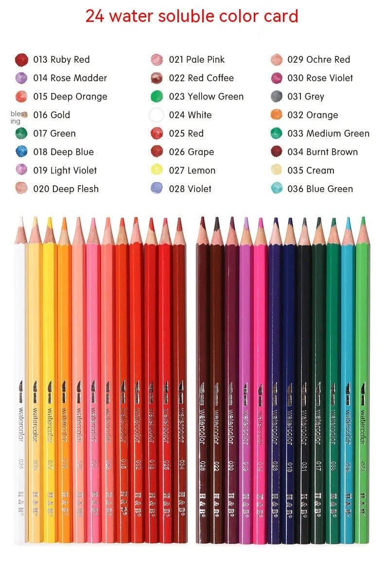 Metal tin open to show 24 water-soluble coloured pencils and a brush for painting techniques.