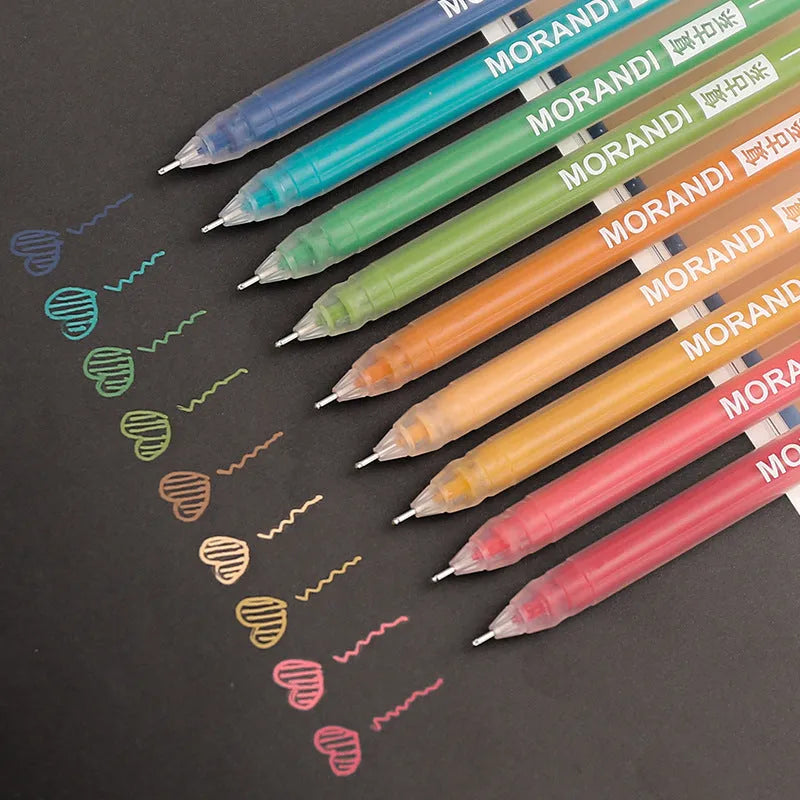 Set of nine retro style gel pens with 0.5mm needle tips in plastic casings on a notebook
