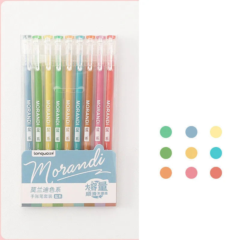 Set of nine retro style gel pens with 0.5mm needle tips in plastic casings on a notebook