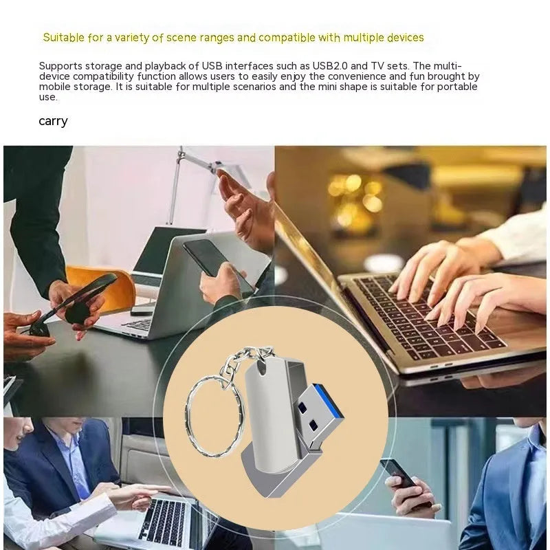White metal USB flash drive with rotating casing showing compact size