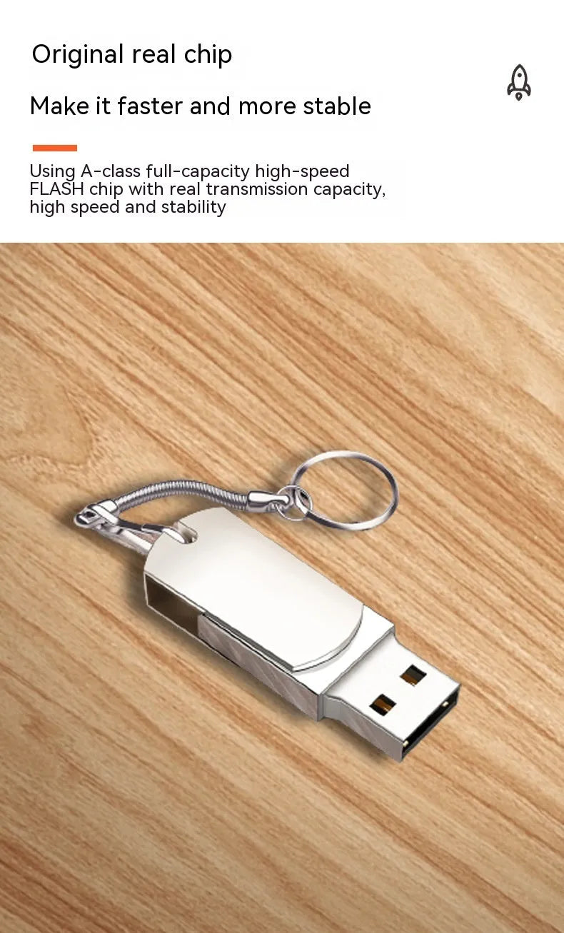 White metal USB flash drive with rotating casing showing compact size