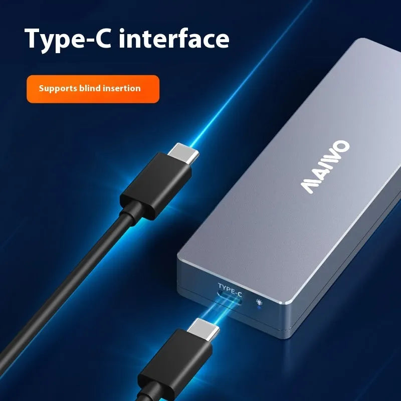 Aluminium M.2 NVMe SSD external enclosure with USB Type-C cable and installation tools on a grey background.