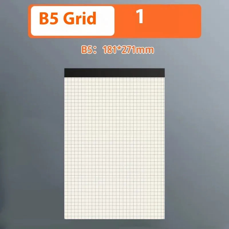 A5, B5 and A4 writing pads with blank, grid and horizontal line rulings showing tearable sheets