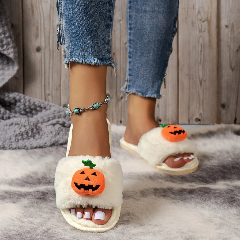 Pumpkin design plush slippers with synthetic fur upper and anti-slip soles in white or yellow