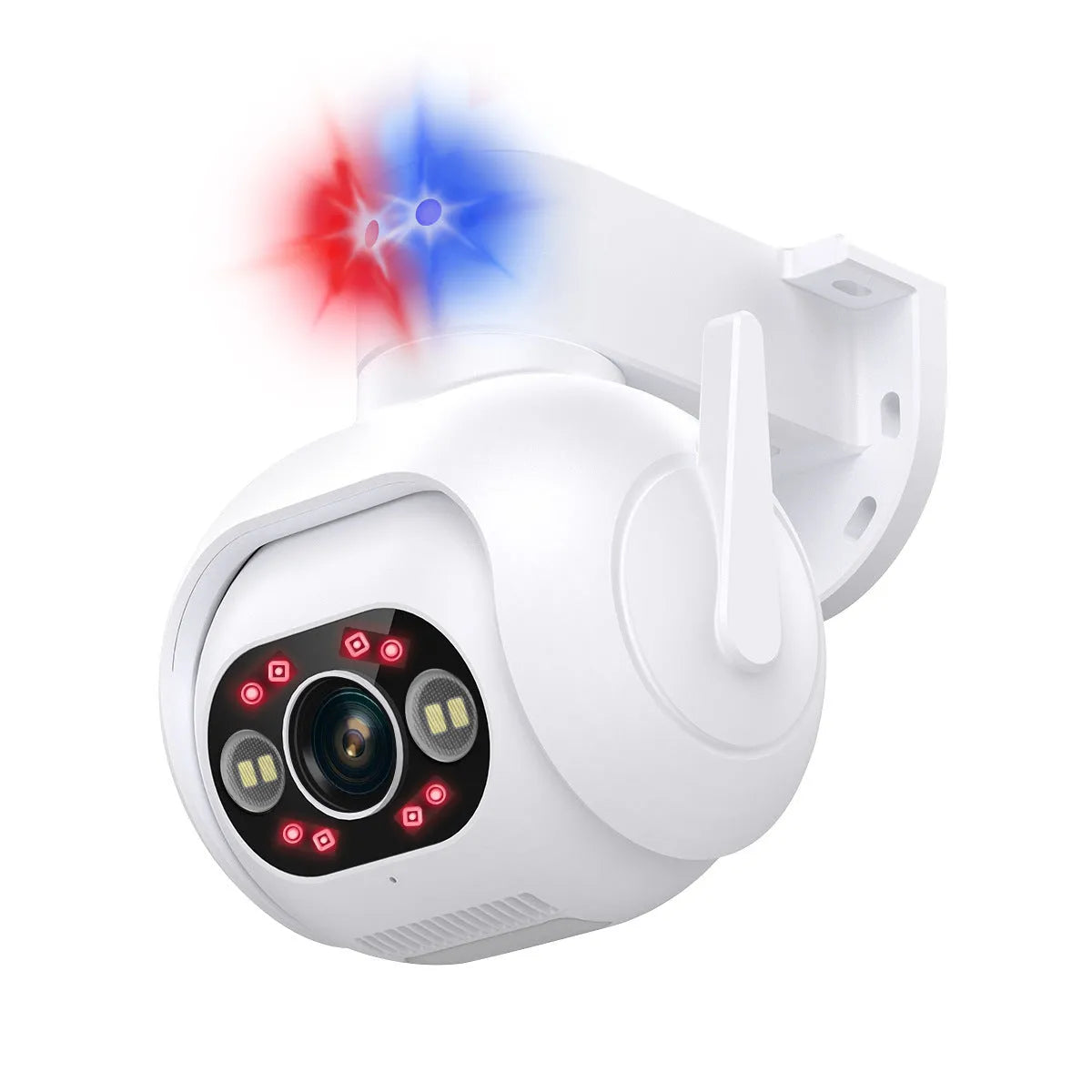 White plastic IP security camera with lens and wall mount bracket on a table.