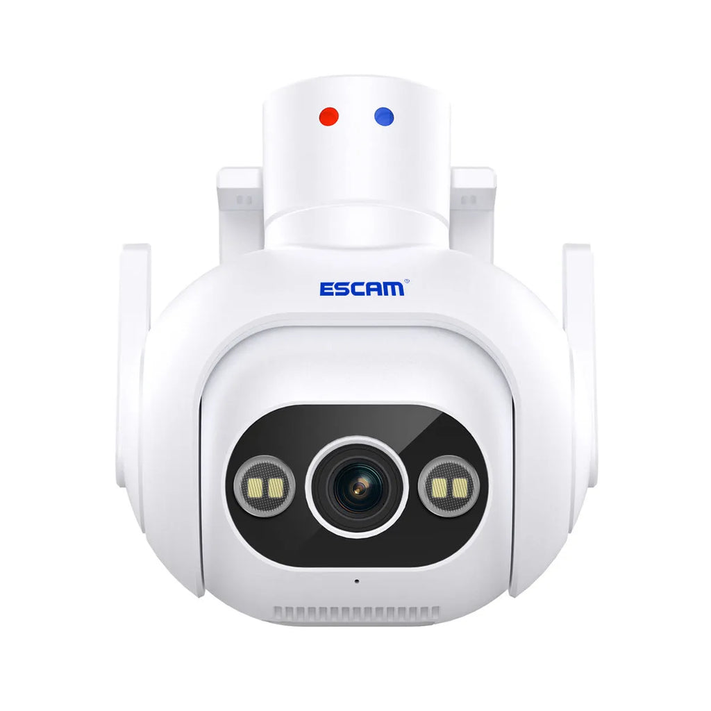 White plastic IP security camera with lens and wall mount bracket on a table.