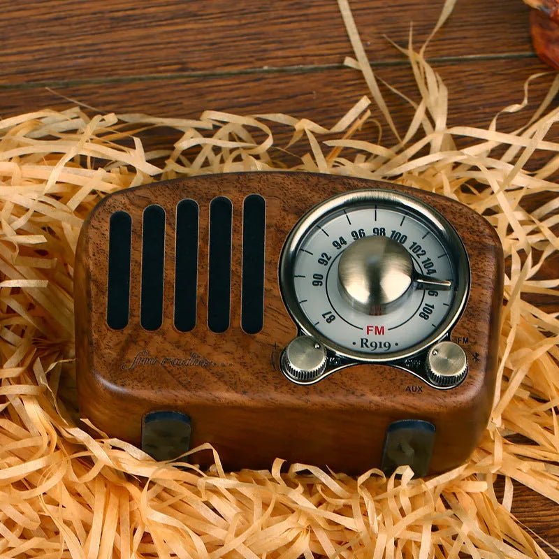 Retro wooden wireless mini speaker in cherry wood or walnut finish with compact dimensions