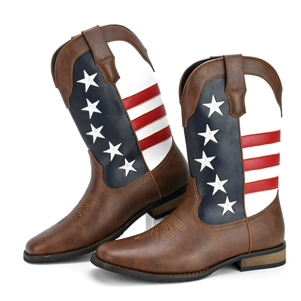 Men's western cowboy boots with five-pointed star design in artificial leather with low heel