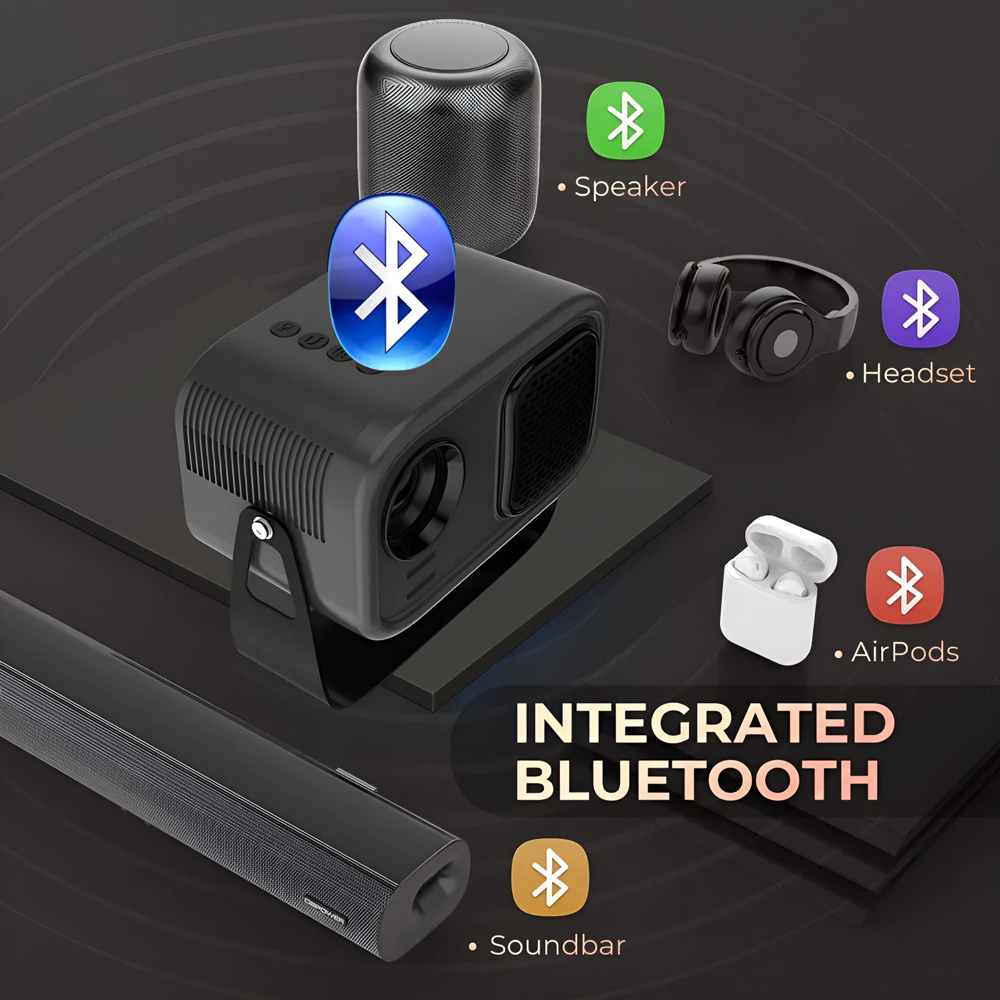 Black portable smart projector with remote control and cables on desk