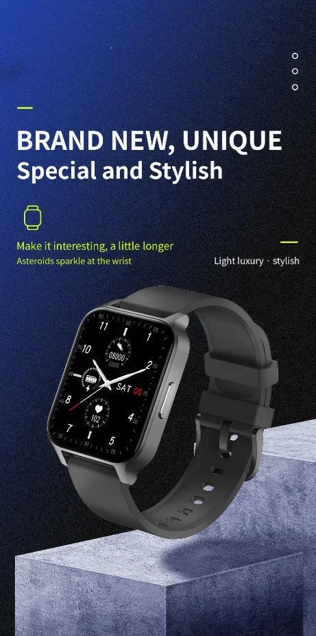 Smart watch with colour screen showing health stats, with black mesh strap on wrist.