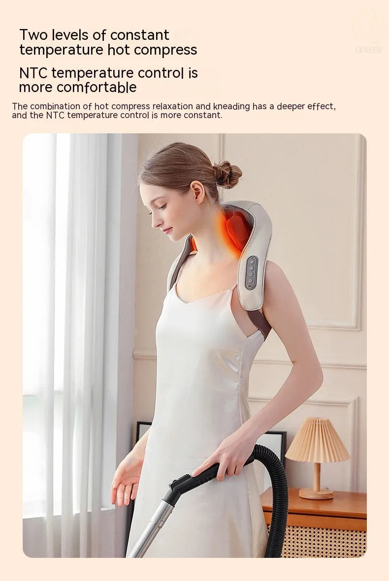 Milky white rechargeable shoulder and neck kneading massager on a plain background.