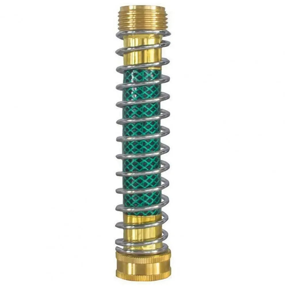 Brass garden hose connector with internal spiral spring, 15cm long with 3/4 inch threaded ends.