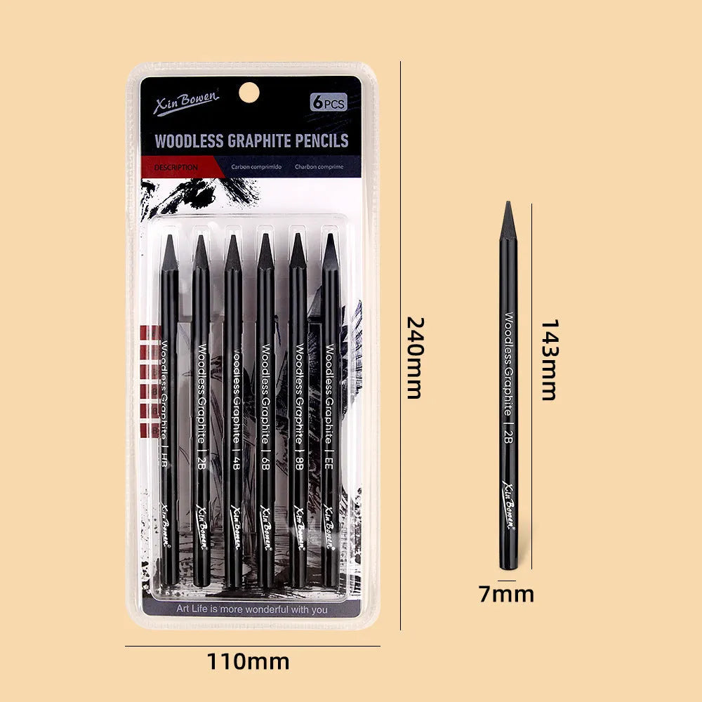 Set of wood-free graphite sketching pencils showing six different hardness grades including HB 2B 4B 6B 8B and EE