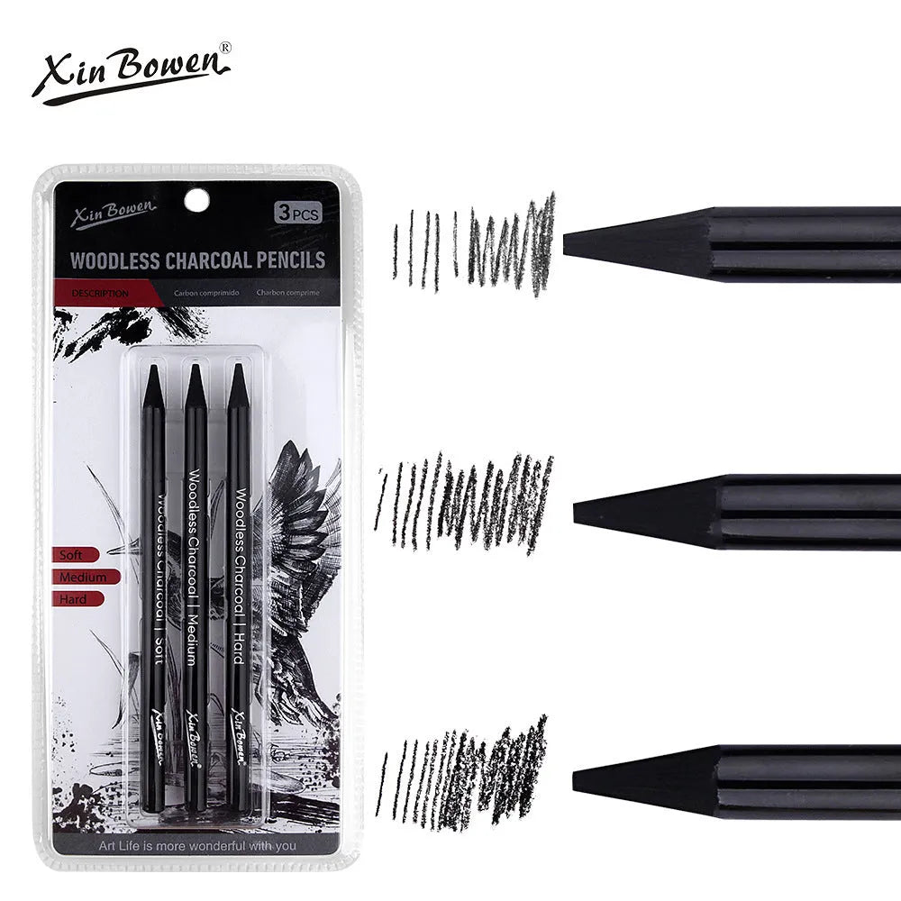 Set of wood-free graphite sketching pencils showing six different hardness grades including HB 2B 4B 6B 8B and EE