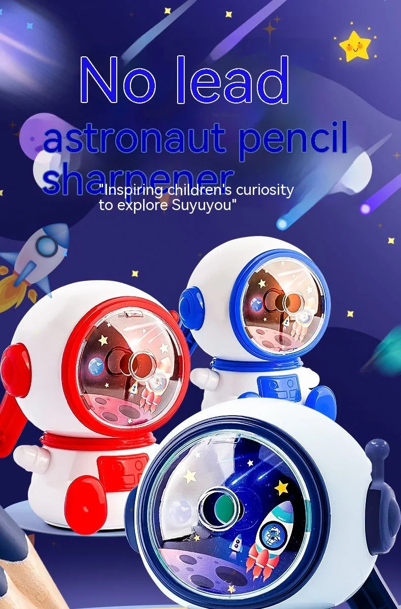 Blue astronaut pencil sharpener with manual operation and anti-jam mechanism