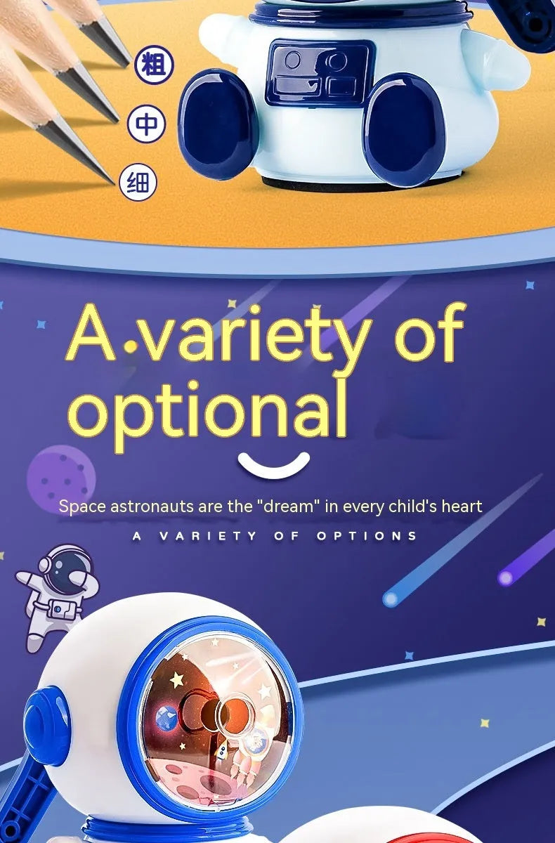 Blue astronaut pencil sharpener with manual operation and anti-jam mechanism