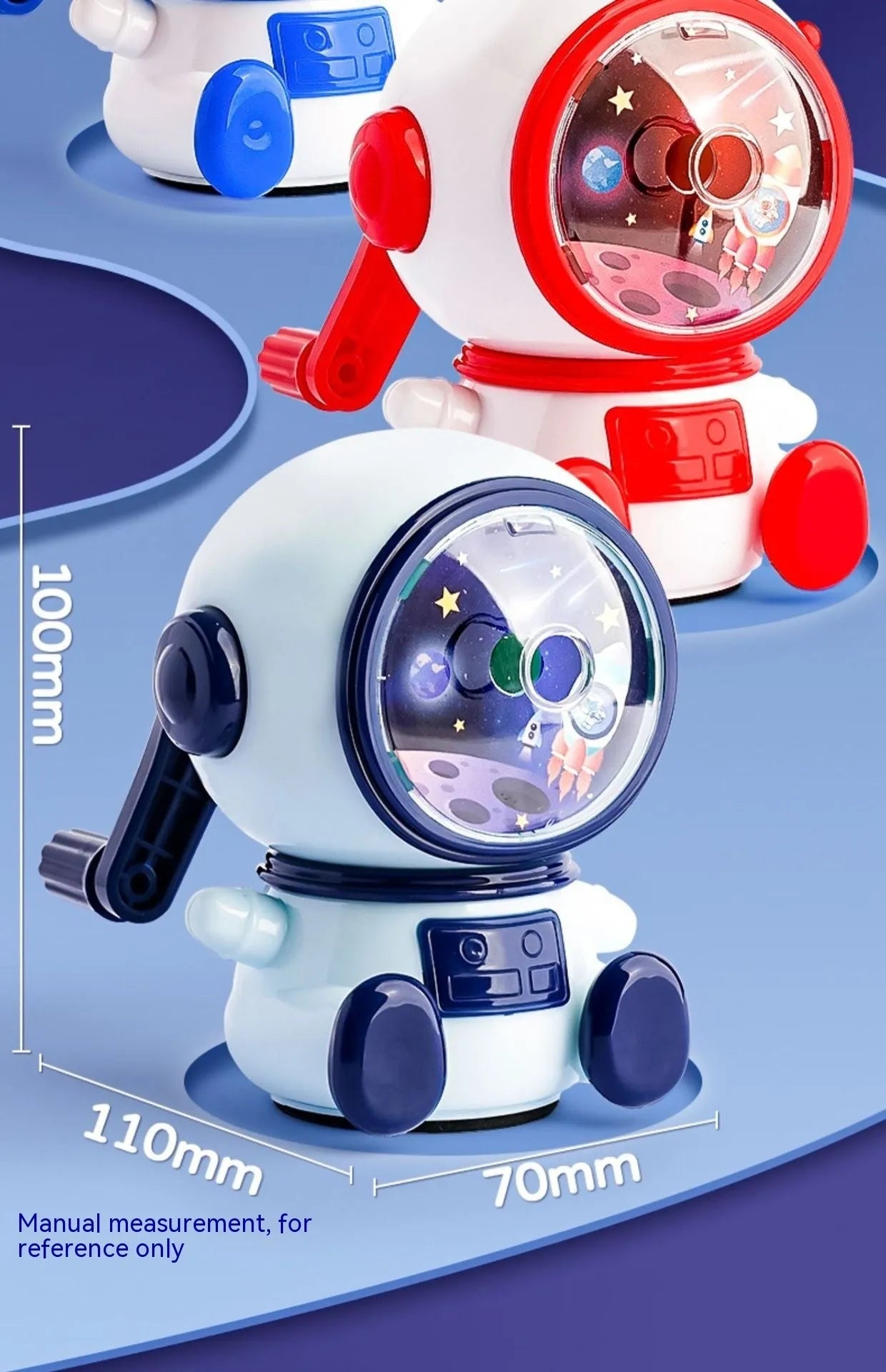 Blue astronaut pencil sharpener with manual operation and anti-jam mechanism
