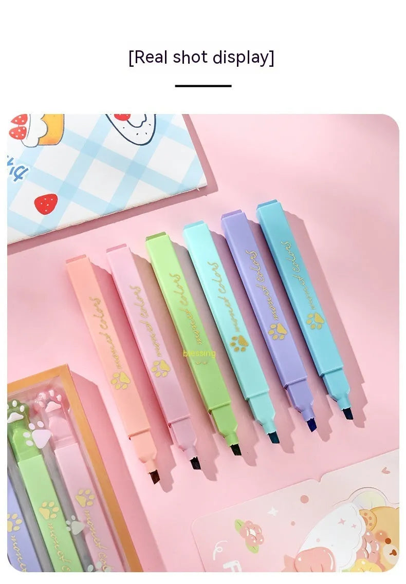 Cat's Paw fluorescent marker pen set showing six coloured pens with oblique tips