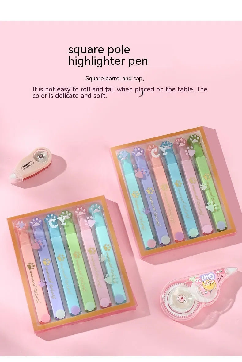 Cat's Paw fluorescent marker pen set showing six coloured pens with oblique tips
