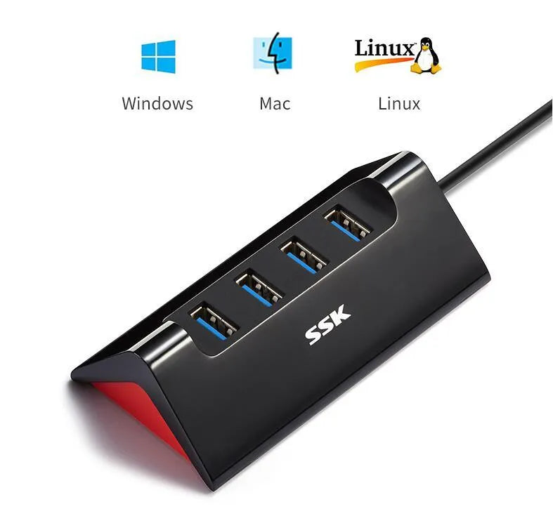 Black USB expansion dock with four ports and ABS construction measuring 100mm long