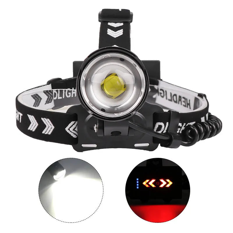 Black aluminium alloy zoom head torch with telescopic front and USB charging port.