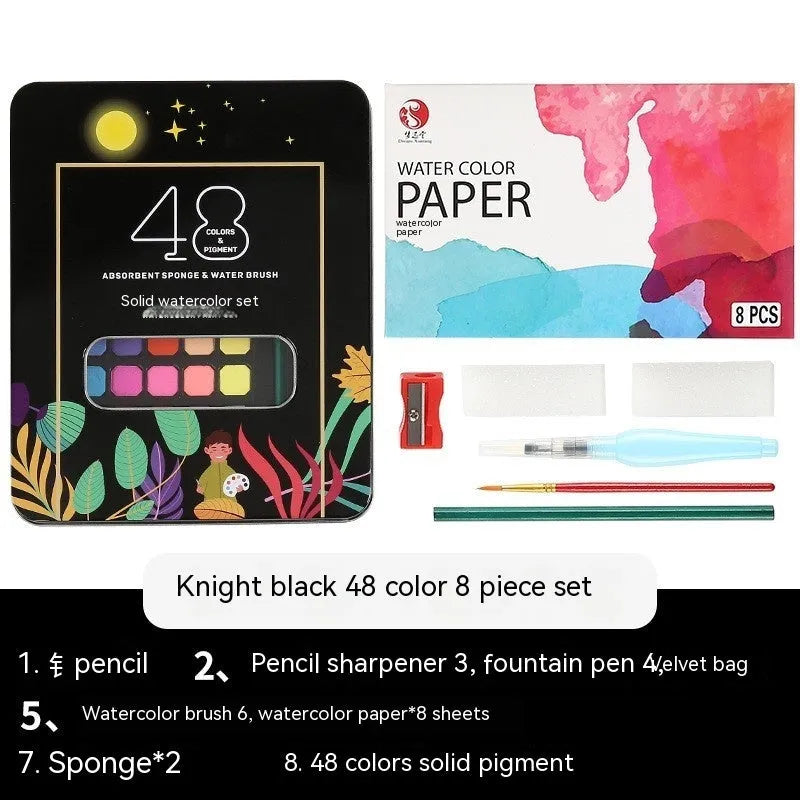 48-colour solid watercolour paint set box showing organised pigment blocks including Black Knight, Girl Pink and Sunshine Blue