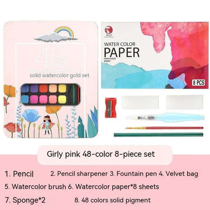 48-colour solid watercolour paint set box showing organised pigment blocks including Black Knight, Girl Pink and Sunshine Blue