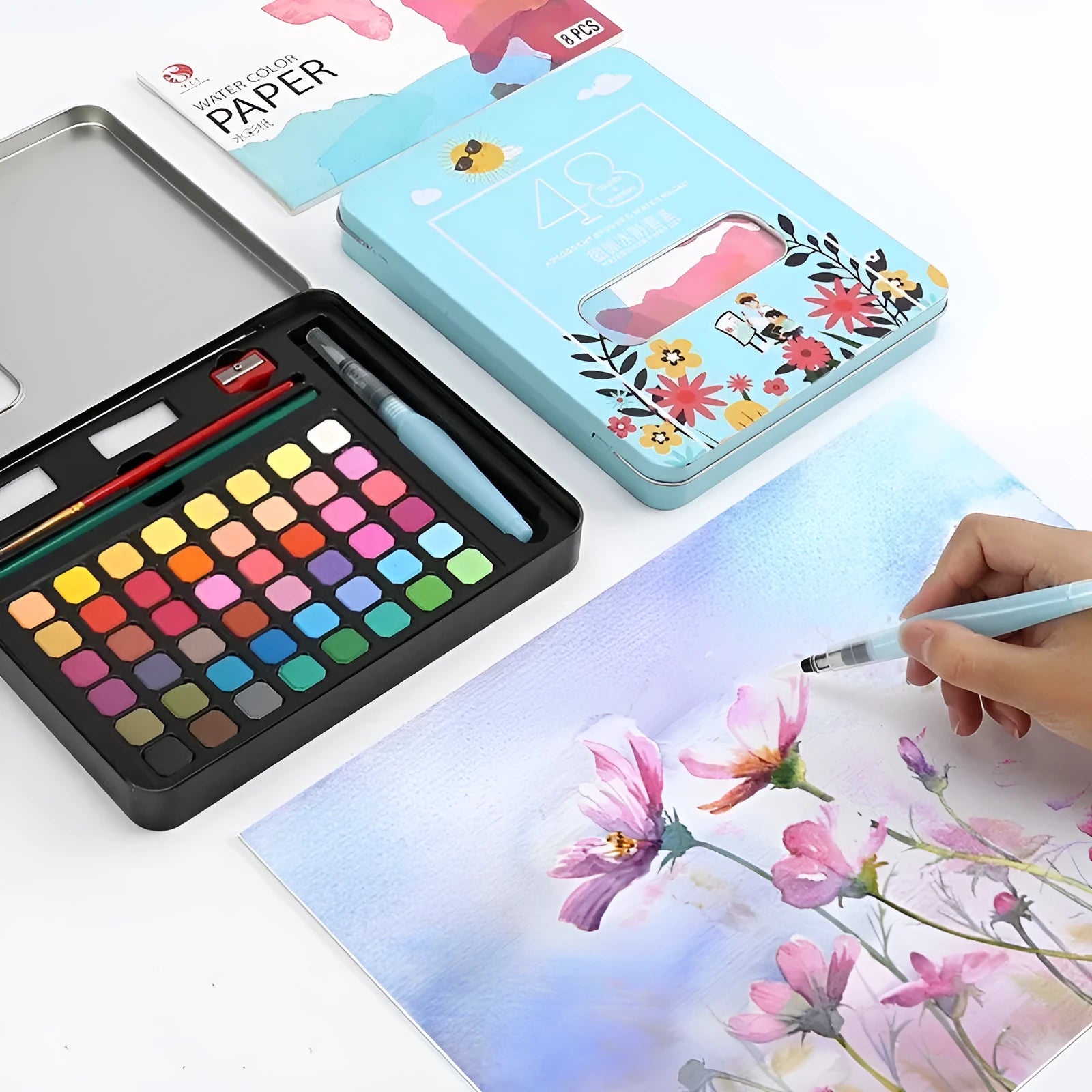 48-colour solid watercolour paint set box showing organised pigment blocks including Black Knight, Girl Pink and Sunshine Blue