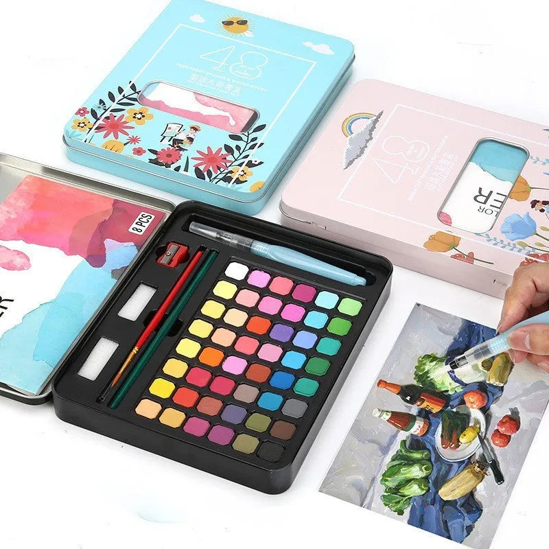 48-colour solid watercolour paint set box showing organised pigment blocks including Black Knight, Girl Pink and Sunshine Blue