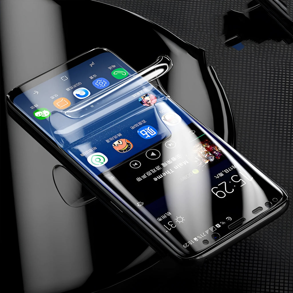Purple Light Hydraulic Film screen protector for curved Samsung phones on packaging