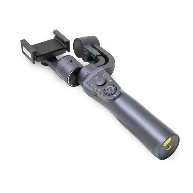 Black three-axis handheld gimbal stabilizer for mobile phones with extended battery and tripod