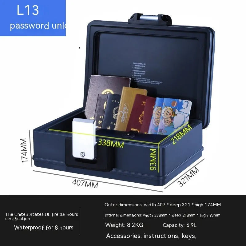 Portable small metal safe with a mechanical combination dial on the front.