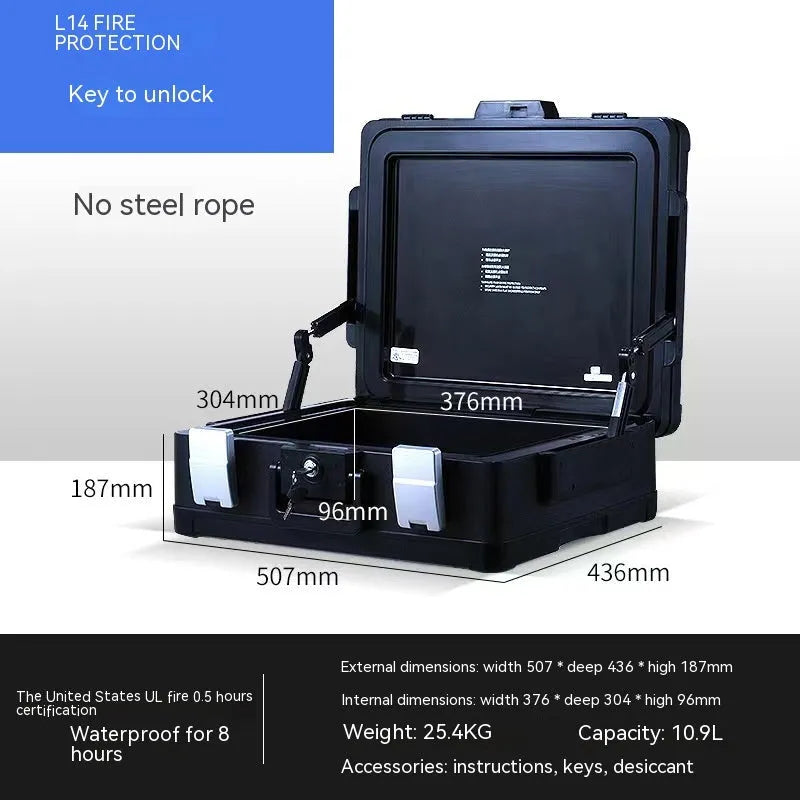 Portable small metal safe with a mechanical combination dial on the front.